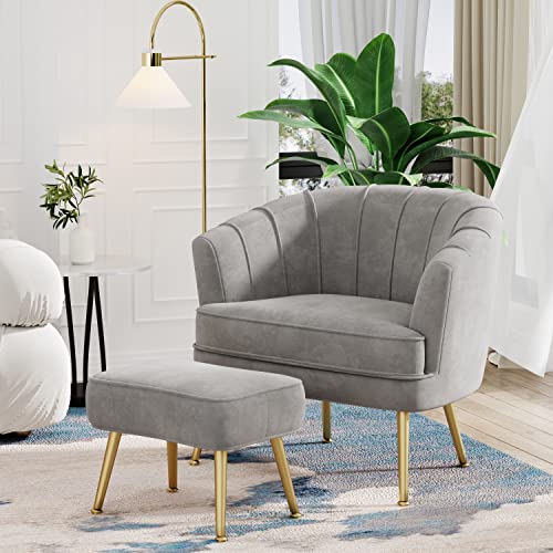 Andeworld Velvet Accent Chair with Ottoman, Grey VIP