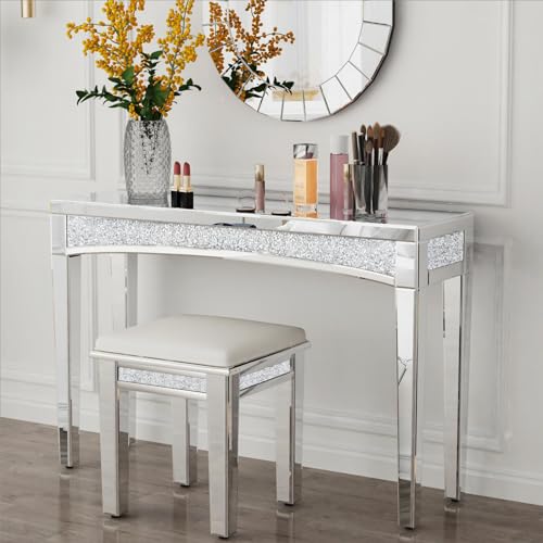 Rectangular Mirrored Console Table with Decorative Diamond Edge
