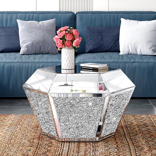 Mirrored Diamond Coffee Table with Silver Hexagon Accent