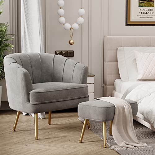 Andeworld Velvet Accent Chair with Ottoman, Grey VIP