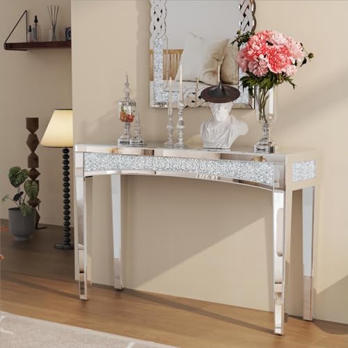 Rectangular Mirrored Console Table with Decorative Diamond Edge