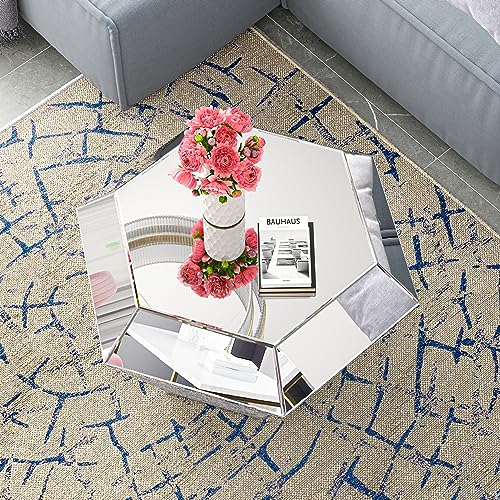 Mirrored Diamond Coffee Table with Silver Hexagon Accent