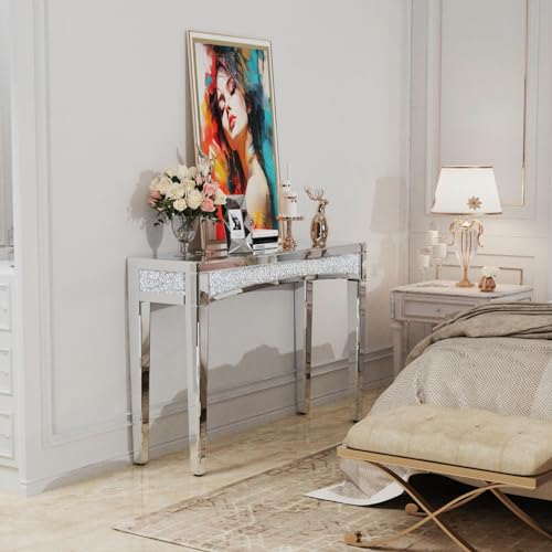 Rectangular Mirrored Console Table with Decorative Diamond Edge