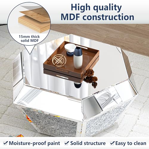 Mirrored Diamond Coffee Table with Silver Hexagon Accent