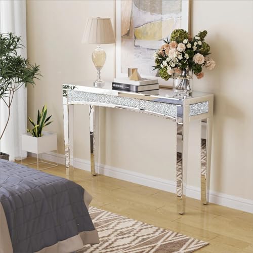 Rectangular Mirrored Console Table with Decorative Diamond Edge