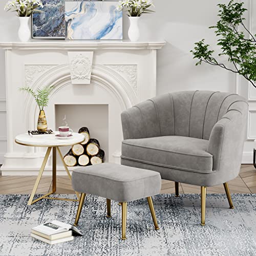 Andeworld Velvet Accent Chair with Ottoman, Grey VIP