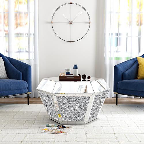 Mirrored Diamond Coffee Table with Silver Hexagon Accent