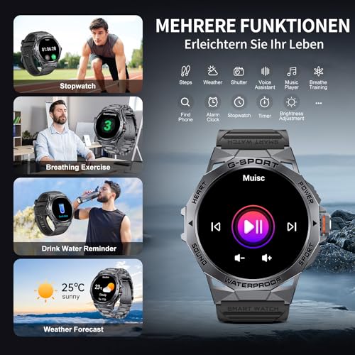 LIGE Military Smartwatch (Answer Calls), 3 Straps, Gray