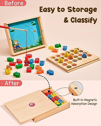 JoyCat Wooden Magnetic Fishing Game for Toddler Learning Toy