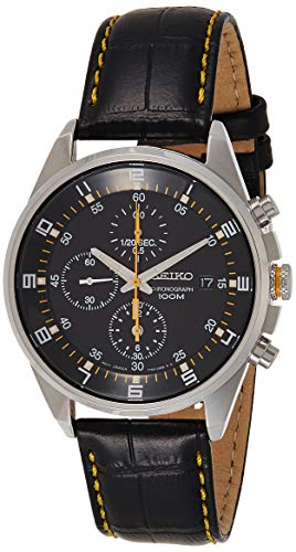 Seiko Men's VIP Leather Analog Black Watch