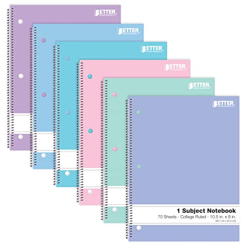 6 Pack Spiral Notebooks, Assorted Pastel Colors, College Ruled
