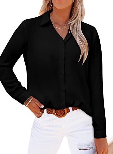 V Neck Button Down Long Sleeve Black Blouse