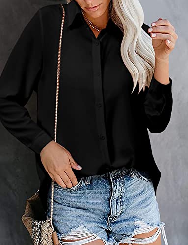 V Neck Button Down Long Sleeve Black Blouse