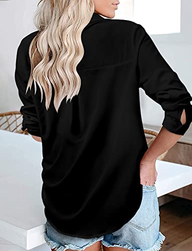 V Neck Button Down Long Sleeve Black Blouse