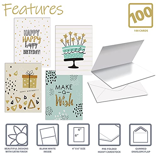 100 Pack Happy Birthday Cards, Elegant Gold Collection