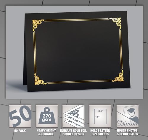 50 Pack Black Diploma Document Covers with Gold Foil Border