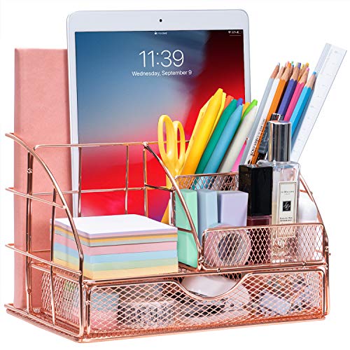 Rose Gold Desk Organizer with Drawer & 5 Compartments