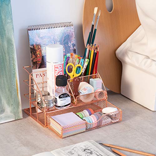 Rose Gold Desk Organizer with Drawer & 5 Compartments