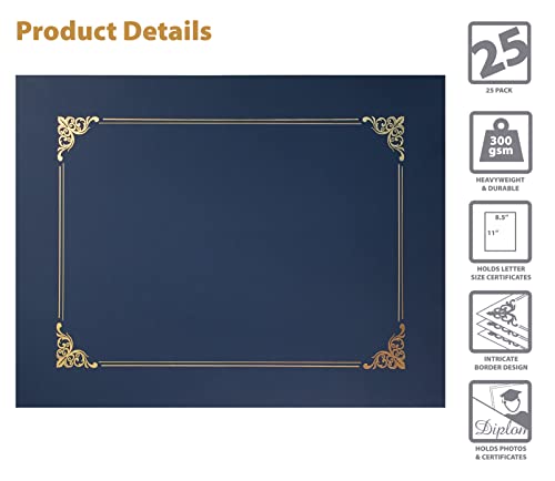 25 Pack Navy Blue Certificate Holders with Gold