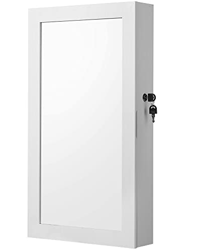 White Wall-Mounted Jewelry Armoire with Lockable Mirror