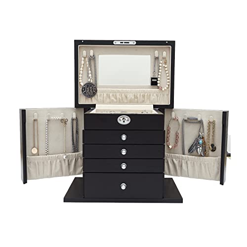 Vintage Black Wooden Jewelry Box with Full Length Mirror