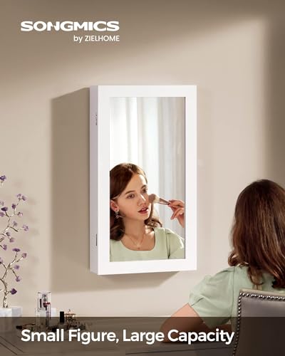White Wall-Mounted Jewelry Armoire with Lockable Mirror
