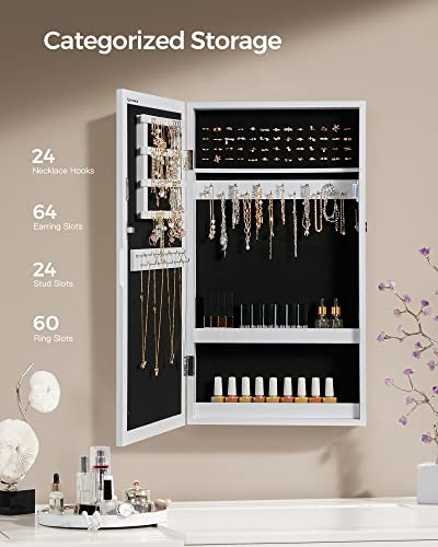 White Wall-Mounted Jewelry Armoire with Lockable Mirror