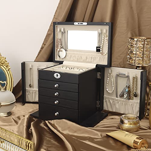 Vintage Black Wooden Jewelry Box with Full Length Mirror