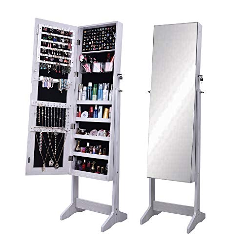 White Wooden Jewelry Cabinet with Lockable Mirror Organizer