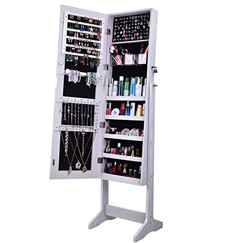White Wooden Jewelry Cabinet with Lockable Mirror Organizer