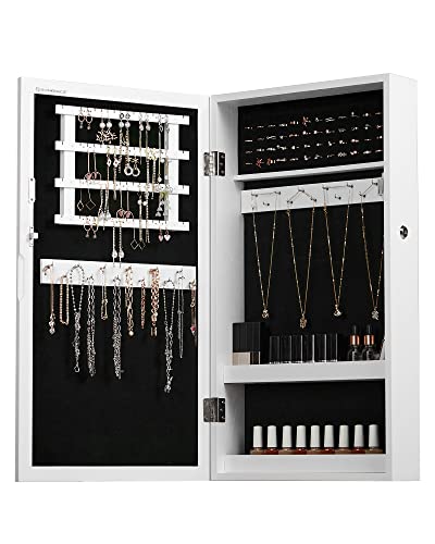 White Wall-Mounted Jewelry Armoire with Lockable Mirror
