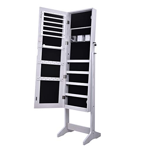 White Wooden Jewelry Cabinet with Lockable Mirror Organizer