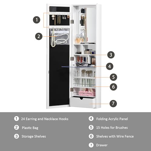 HOMCOM Jewelry Armoire with LED Lights, Mirror - White