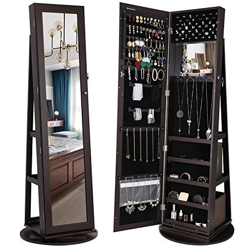 360° Rotatable Jewelry Organizer Armoire, Lockable, Brown