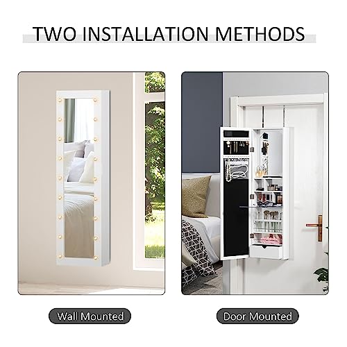 HOMCOM Jewelry Armoire with LED Lights, Mirror - White