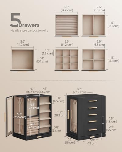 VIP Jewelry Box: 360° Rotating, 5 Drawers, Graphite Black