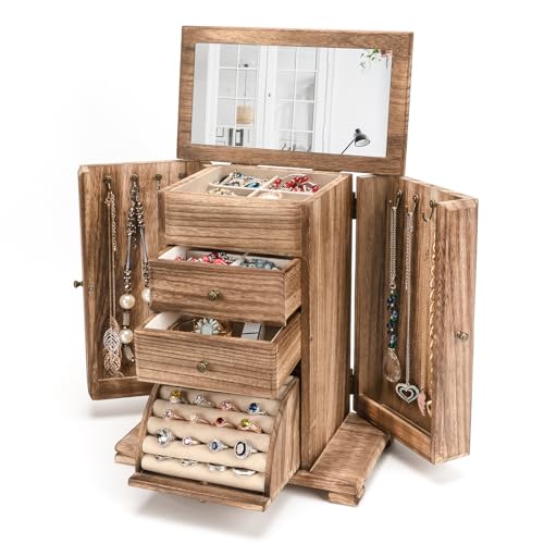 Emfogo Rustic Wooden Jewelry Box Organizer for Women