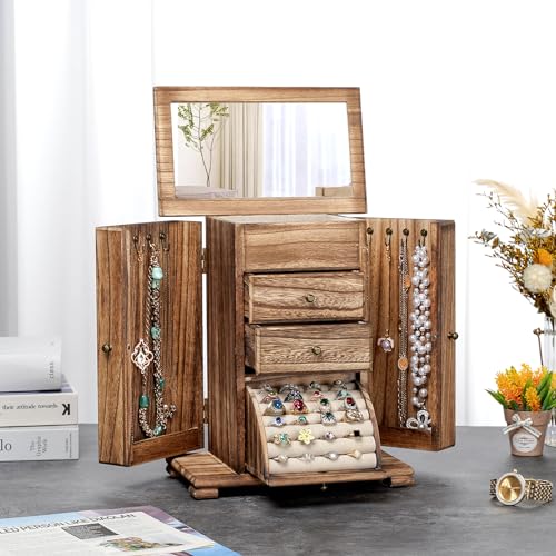 Emfogo Rustic Wooden Jewelry Box Organizer for Women