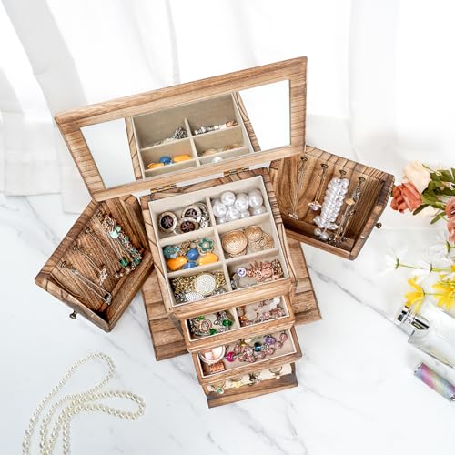 Emfogo Rustic Wooden Jewelry Box Organizer for Women