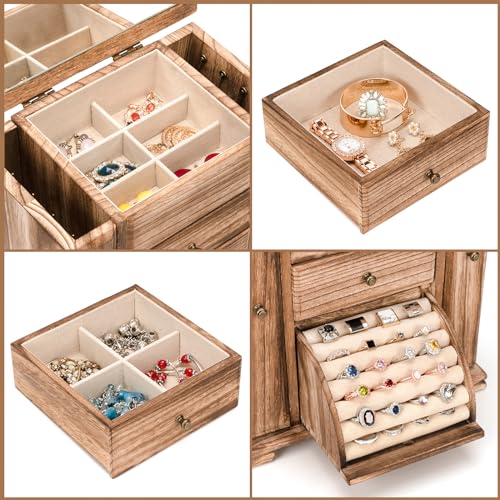 Emfogo Rustic Wooden Jewelry Box Organizer for Women