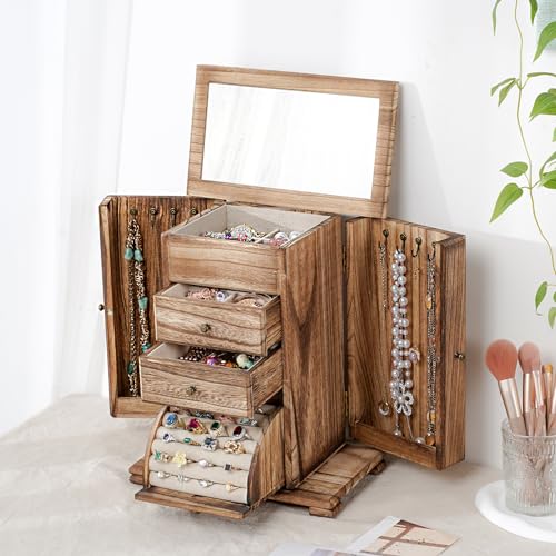 Emfogo Rustic Wooden Jewelry Box Organizer for Women