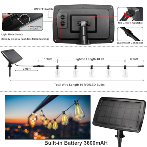 Solar String Lights Outdoor with 25+2 Dimmable Edison Bulbs