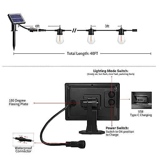SUNTHIN 48ft Solar Patio Lights with USB Rechargeable