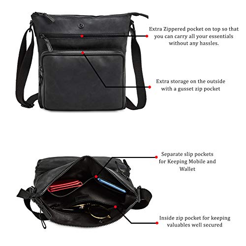 Cochoa Black Leather Triple Zip Vintage Crossbody Handbag