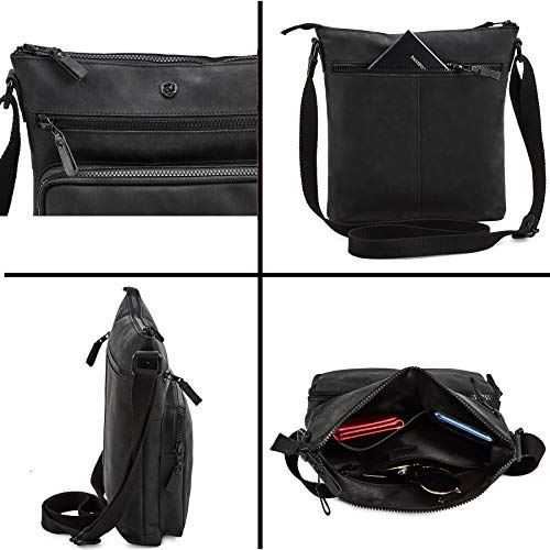 Cochoa Black Leather Triple Zip Vintage Crossbody Handbag