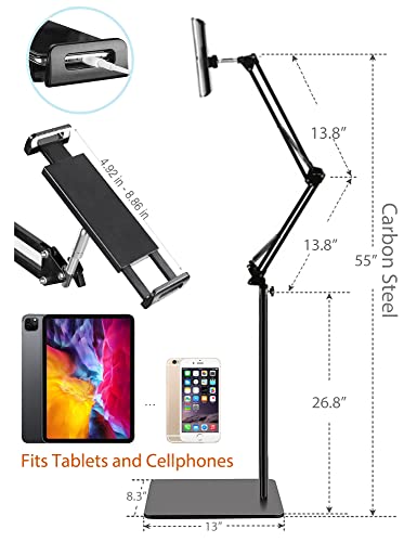 Adjustable Tablet Floor Stand with Overhead Phone Mount