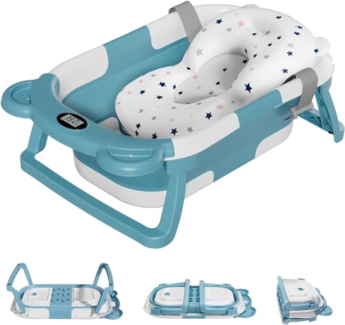 Folding Collapsible Baby Bathtub with Temperature Sensor, Light Blue