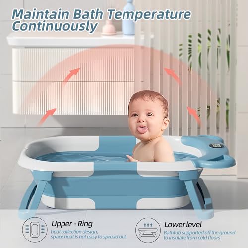 Folding Collapsible Baby Bathtub with Temperature Sensor, Light Blue