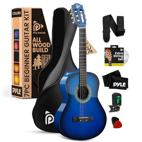 Pyle 3/4 Junior Acoustic Guitar Kit, Ocean Blue