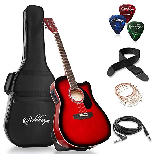 Ashthorpe Full-Size Cutaway Acoustic-Electric Guitar - Premium Red